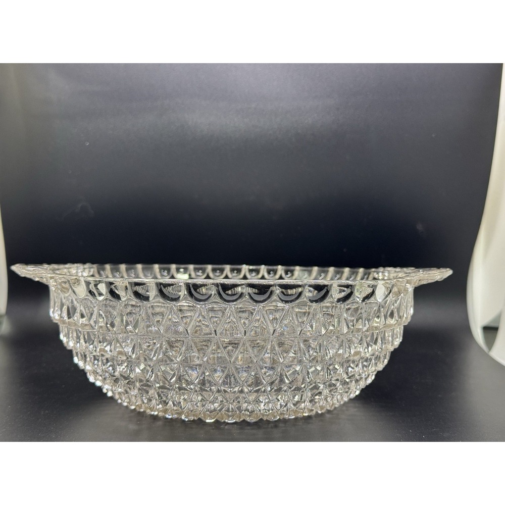 Indiana Glass~Two Handle Diamond Cut Clear Glass Scalloped Edges Bowl